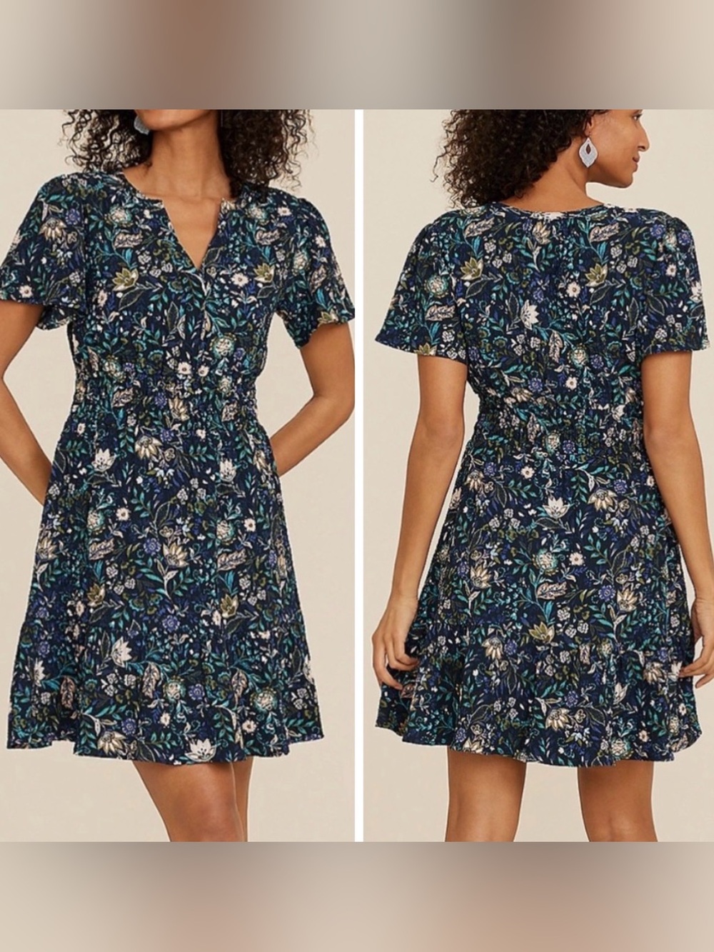 Maurice’s Navy Floral V-Neck Elastic Waist Tiered Flutter Sleeve Dress Size XL